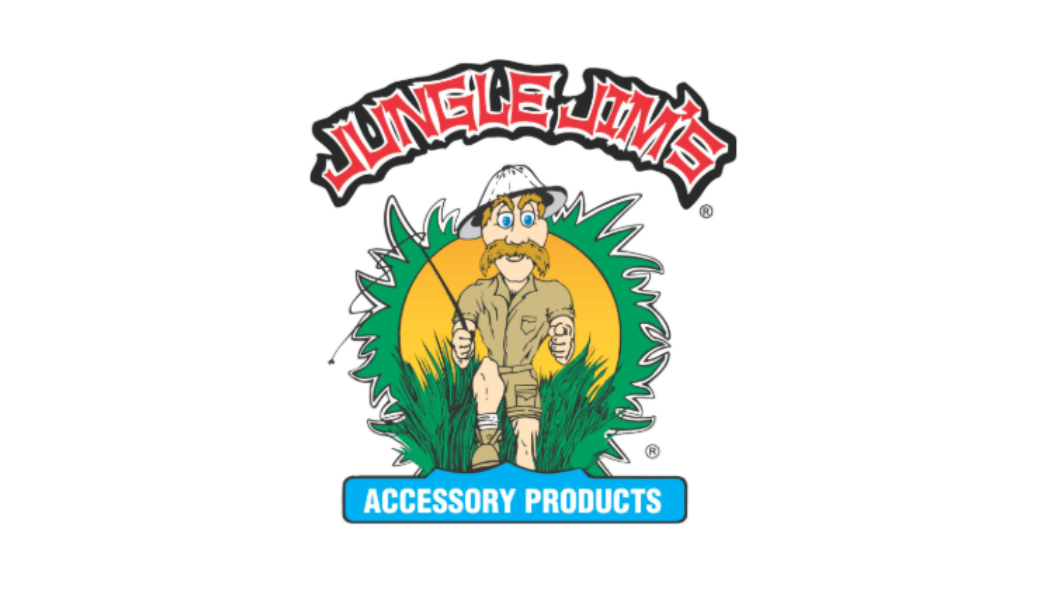 Logo of Jungle Jim's accessory products with a cartoon character in the center.